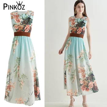 Pinkoz pista designer vintage sem mangas verão maxi vestido de chiffon impresso de alta qualidade cintura alta jantar de festa vestidos de moda