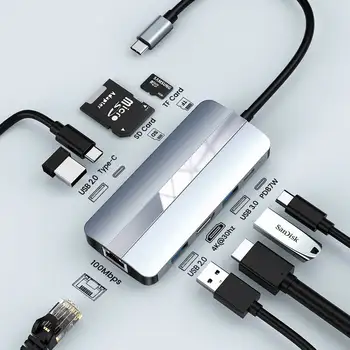 MZX Mutila Tipo C HUB USB Dock Station Splitter 3.0 2.0 RJ45, VGA SD TF Leitor de Cartão de PD 100W 87W Carregador compatível com HDMI Para Laptop