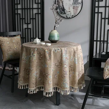 De Estilo tradicional Chinês de Cor de Café do teste Padrão de Flor Mesa Redonda Cobrir com Borla de Cozinha Decorativos, Toalhas de mesa para Mesa