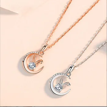 Popular nova cor de prata de moda zircão lua coelho pingente mulheres colar de presente da jóia frete grátis XL08