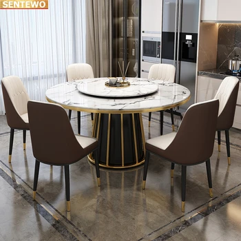 Designer de Luxo rodada de jantar em Mármore, Pedra, Laje mesa de jantar, 6 cadeiras, mesa de jantar comedor marbre de aço Inoxidável, base de ouro