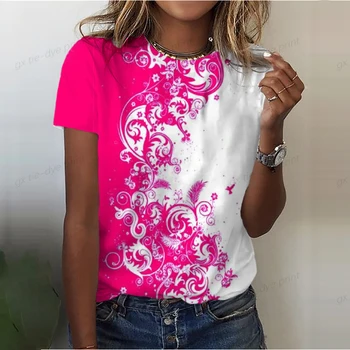 O verão das Mulheres T-shirt Elegante Flor de Impressão Tees fim de Semana de Férias da Fundação de Pescoço Redonda Regular Rosa Flor Roxa Pintura