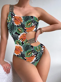 COOBBU Planta de Impressão de Uma Peça que se adapte Cortar Mulheres de Maiô de Um Ombro trajes de Banho Sexy trajes de Banho 2023 Beachwear Novo Bodysuit