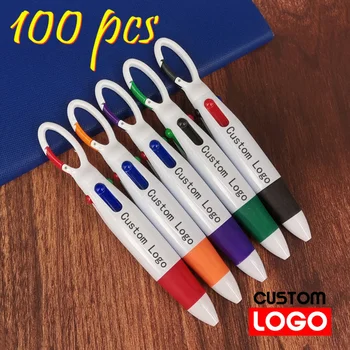 100 pcs Plástico Telescópica de 4 cores esferográfica Mosquetão Fivela de Pena Engravable Logotipo Personalizado de Nome para empresas de Publicidade de Caneta
