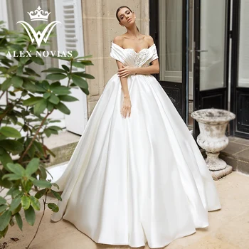 ALEX NOVIAS Bola Vestido Vestido de Noiva de Cetim 2023 Delicado Off Ombro Apliques de Flores Plissado Vestido de Casamento Vestido Novias De Saten