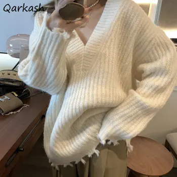 Blusas Pulôveres Mulheres Minimalista V-pescoço Malhas Largas coreano de Moda Completo Femme Simplesmente Inverno Designer Doce Popular Moderna