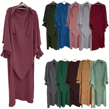 O Ramadã Sobrecarga Khimar Jilbab Mulheres Muçulmanas Oração Do Vestuário 2 Peças Conjunto De Vestuário Islâmico Niqab Burca Hijab Abaya Vestido De Túnica Eid