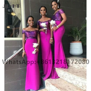 2021 Sexy Plus Size Sereia Vestidos de Dama de honra muito o Ombro Festa de Casamento Vestido de Cetim Mulheres Africanas Vestidos de Dama de honra