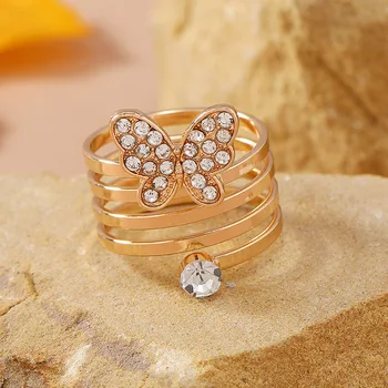 Elegante e Moda Embutidos Zircão Cor de Ouro Borboleta Anéis Para a Mulher de várias camadas de Abertura Dedo Jóias Anel