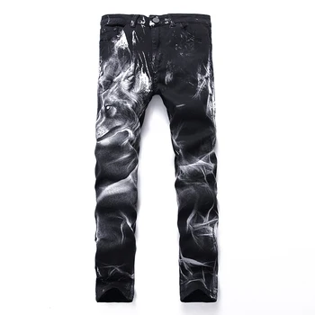 Clube nocturno Mens de Impressão 3D, calças de Brim do Denim Preto Padrão Lobo Impresso Punk Straight Algodão Casual de Impressão Calças Jeans Plus Size