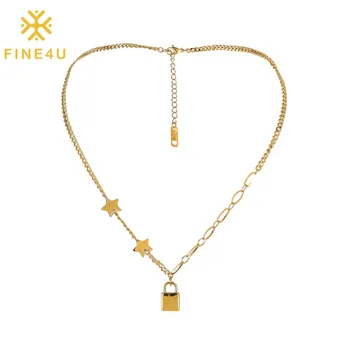FINE4U N946 Cor de Ouro Delicado Inicial Colar de Bloqueio do Colar de Pequenas Estrelas Cadeado Gargantilha para Meninas Adolescentes Minimalista Jóias