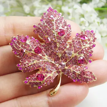 Pingente de Moda cor-de-Rosa Maple Leaf de pedra de Strass de Cristal da Mulher Buquê de Broche Pin