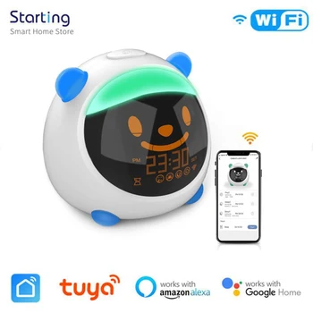 Tuya Wi-Fi Smart Kids' Alarme Sono Treinador Relógio De Luz De Som Expressão De Vida Inteligente Aplicativo De Controle De Voz Funciona Com Alexa Inicial Do Google