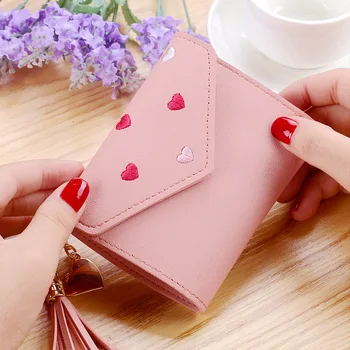 Japonês Multi-função de Mulheres de Mini Carteira Cor dos Doces em forma de Coração Bordado Mulheres de Curto Carteira Bonito Bolsa da Moeda do Cartão de Pacote