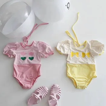 Crianças Fato De Banho Floral Bonito Do Bebê As Meninas De Maiô Moda Sem Encosto Puff Manga Swimwear
