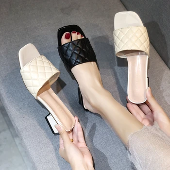 Moda Das Mulheres Bombas Chinelos De Quarto Senhoras Dedo Do Pé Quadrado Fêmea Slides De Verão, Sapatos, Sandálias De Salto Alto Interior Zapato Mujer Sandalias