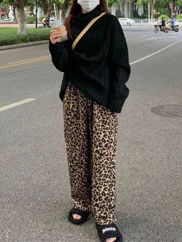 Zoki Mulheres Do Vintage Leopard Elástico Na Cintura Perna Larga Calças Primavera Coreano Solta Reta Calças Femininas Streetwear Casual Calças De Novo