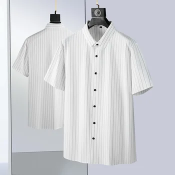 Camisetas de verão de Alta Elasticidade Perfeita Camisas masculinas de Luxo de Manga Curta com listras Verticais de Negócio Homem de Partido Vestido Plus Size 7Xl