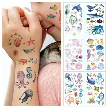 12 tipos Impermeável Tatuagens Temporárias Para Crianças dos desenhos animados de Golfinhos, Baleias Peixes Marinhos Aquarela Fake Tattoo Adesivos Descartáveis