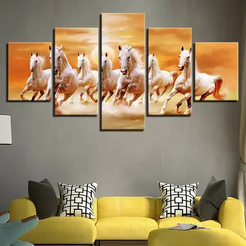 Animais de Galope Cavalos Brancos Grupo pôr do Sol de Lona Imprime Pintura, Arte de Parede HD Imprimir Imagens Cartaz a Decoração Home 5 Peças