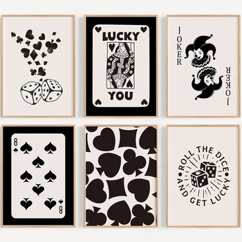 Sorte da Moda Vintage Preto Bege Pá Ás do Poker Cartão de Cartaz Tela de Pintura Engraçado Arte de Parede Imagem para Decoração de Sala de estar