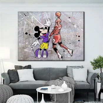 Mickey De Disney Do Rato De Jogar Basquete Parede De Graffiti Arte Cartaz Impressão De Foto Em Tela De Pintura Para Sala De Estar Decoração Home