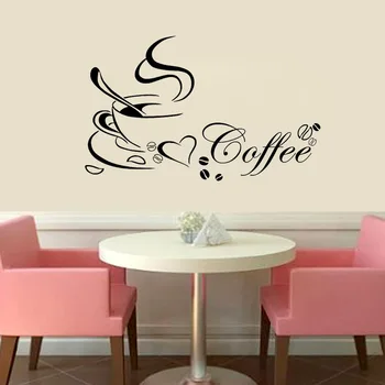 Xícara de café com coração de Vinil Cozinha de Restaurante Adesivos de parede DIY Decoração de Casa de arte de parede Mural de Decalque