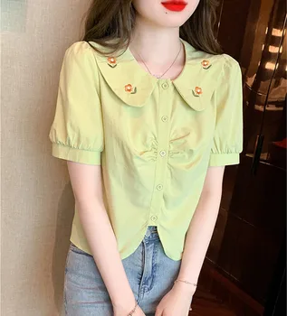 2023 Verão Nova-Coreano Versátil Boneca Pescoço Bordado Rugas Mostrar Seu Design Fino, Elegante Camisa De Manga Curta Mulheres