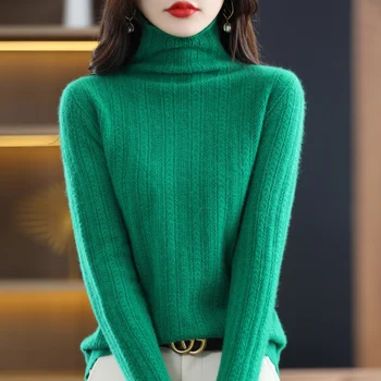 100% Puro de Vison Lã de Cashmere Mulher Outono Inverno Pulôver de Gola alta Blusas para Mulheres Moda Malha coreano Moda Tops