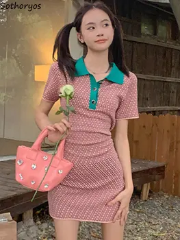 Mini Vestidos de Mulheres Slim Moda Retro Vire para baixo de Gola Listrada Simples de Verão Criatividade coreano Estilo Sexy de Todos-jogo Casual Novo