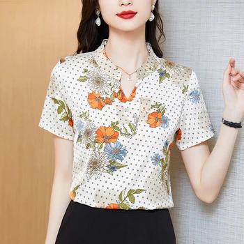 TingYiLi coreano Moda Dividir com decote em V com estampa Floral e Blusa de Cetim Verão de Manga Curta Casual Solta Mulheres
