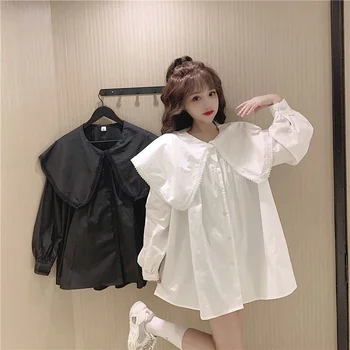 Japonesas Kawaii Girl Primavera, Outono Nova-Coreano Camisa Solta Design De Dupla Camada Boneca Gola De Camisa Branca Aluna Tops Tees