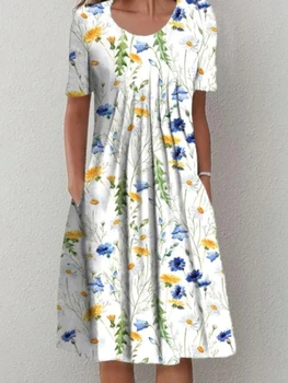 Mulheres de Roupas Vestidos de Férias de Estilo Novo Vestido de Verão O Pescoço Manga Curta com Bolso Floral Meados de-comprimento Vestido de Vestidos De Mulher 2023