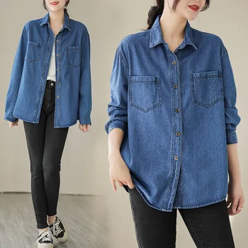Vintage Botão de Camisa Mulheres 2023 Moda Primavera Vire para baixo de Gola Manga Longa Azul Denim Shirt Mulher Casual Soltas, Jeans, Blusa