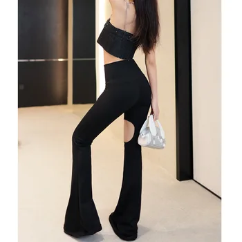 2023 Sentido de Concepção Unilateral Ocos de Calças de Yoga para Mulheres de Verão Cintura Alta Slim Slim Micro Chifre Casual Calças