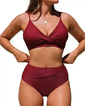 Sexy Torção Tanque de Alta Cintura do Biquini moda praia as Mulheres trajes de banho roupa de Banho 2023 Sólido Vermelho com decote em V Biquínis moda praia