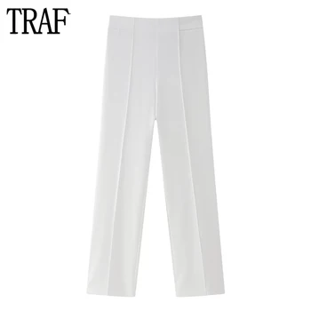 TRAF Branco Calças Largas Mulher de Cintura Alta Calças para as Mulheres de Verão de Perna Reta Calças Mulheres Y2K Streetwear Básico Mulheres Calças