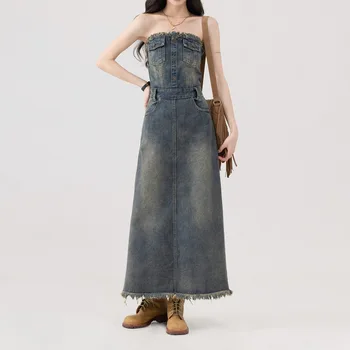 Vestido jeans Mulheres Primavera Verão coreano Moda Vintage Menina Quente 