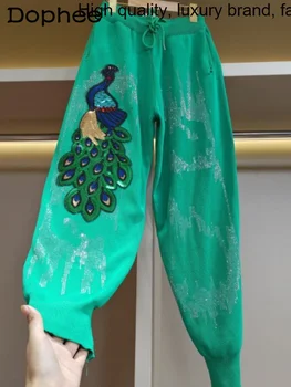 Verde Tailândia Moda Calças De Moletom Mulheres 2023 Mola Solta Personalidade Bordado De Lantejoulas Cartoon Casual Calças De Malha, Calças