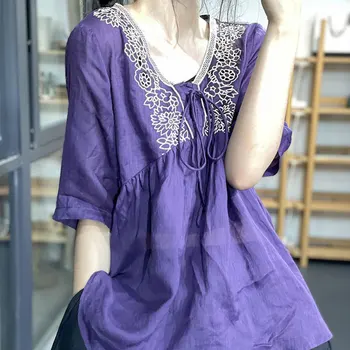 Doce Solta Mori Girl Estilo de Bordado Floral, Camisa de Verão Ocos Meia Manga feminina Chique Shirring Cordão V-Pescoço Blusa