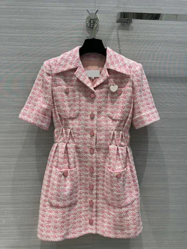 2023 Primavera Marca Nova Mulher Designer de Alta Qualidade cor-de-Rosa Xadrez de Mangas Curtas Vestido de B605