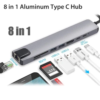 Novo 8in1 Multiportas USB 3.0 Tipo C-USB-C-Hub HDMI 4K-Adaptador compatível 87W PD Rápido Porta de Carregamento do Conversor de Cabo para Macbook