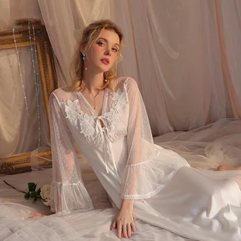 Branco Da Noiva Do Casamento Camisola Mulheres De Malha Vestido De Noite Sexy De Camisola De Bolinhas Pijamas Arco Nó De Verão De Novo De Ver Através De Lingerie