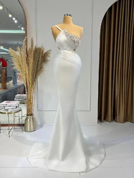 Branco Vestidos de Noite Bateau sem Mangas, Uma Alça de Ombro Lantejoulas de Cetim Frisado Apliques de Flores em 3D Vestidos de Baile Feitos