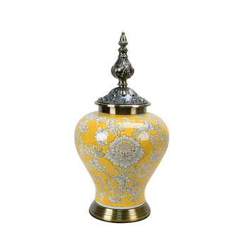 Novo design amarelo porcelana de luxo, decoração de cerâmica de armazenamento jar